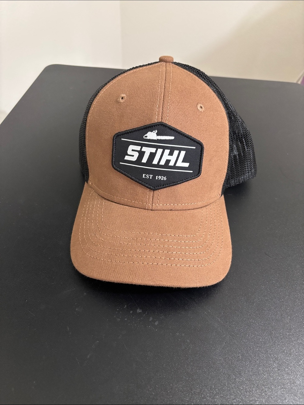 Brown and Black Stihl Trucker Cap